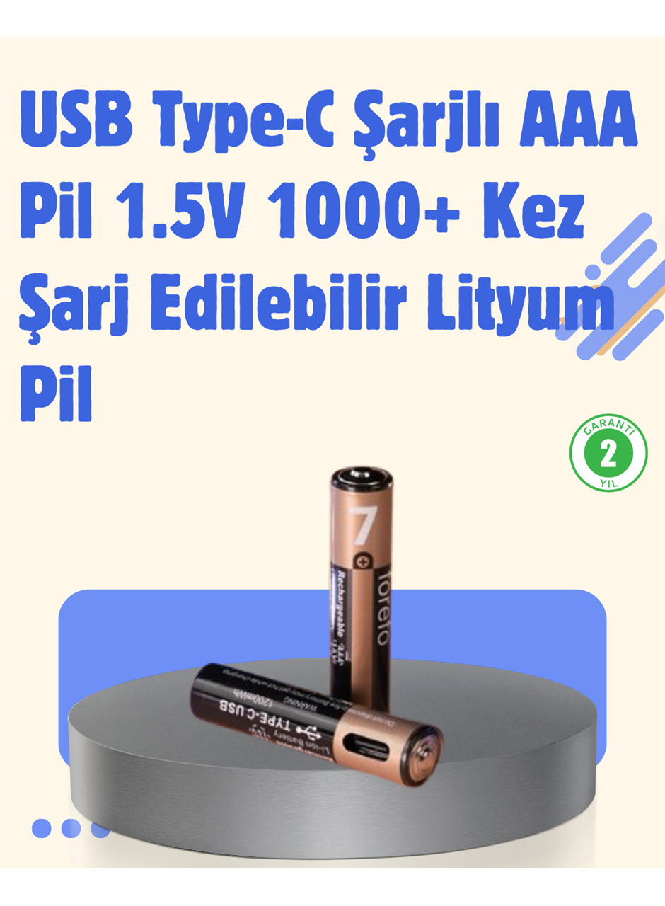 USB Type-C Şarjlı AAA Lityum Pil | 1.5V Sabit Voltaj, 1000+ Şarj Döngüsü ile Uzun Ömür
