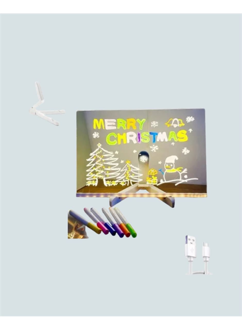 LED Işıklı Şeffaf Yazı Tahtası – Neon Etkili Akrilik Pano, Silinebilir, 7 Renkli Kalemli, 30x20 cm