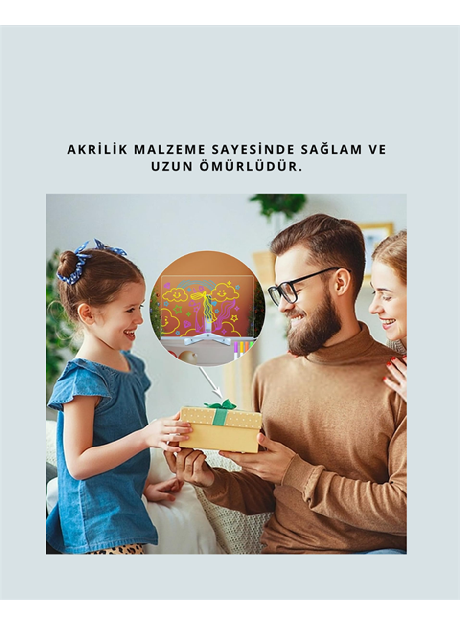 LED Işıklı Şeffaf Yazı Tahtası – Neon Etkili Akrilik Pano, Silinebilir, 7 Renkli Kalemli, 30x20 cm