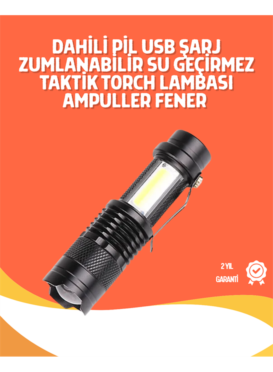 Şarjlı LED El Feneri - 14500 Pil Dahil, 4 Işık Modu, Mini Boy