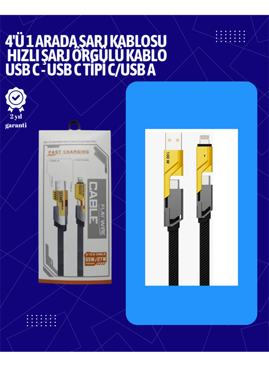 USB-C ve Lightning Uyumlu 4'ü 1 Arada Kablo – 65W Hızlı Şarj, Örgülü Dayanıklı Yapı