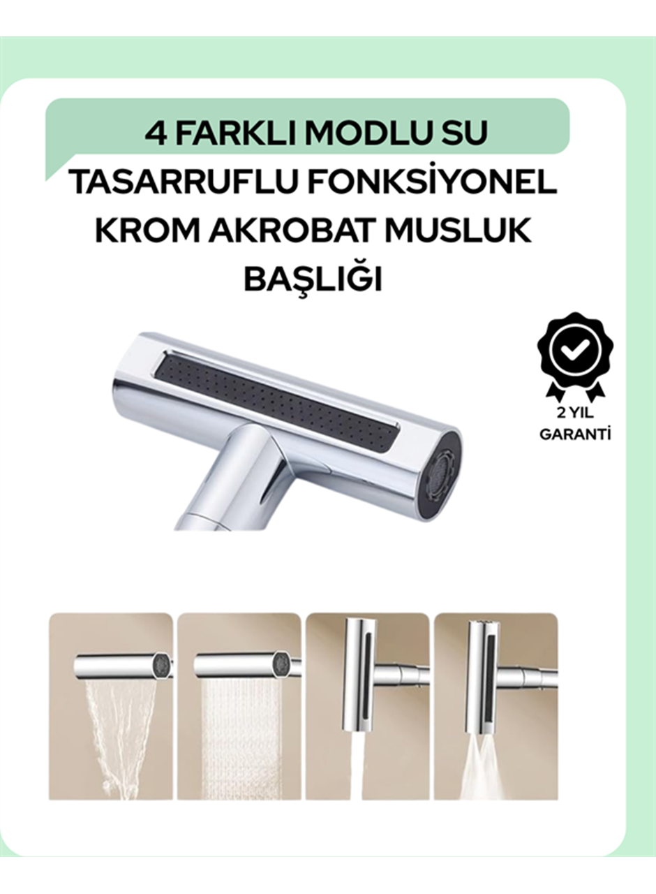 Çok Fonksiyonlu Musluk Başlığı | 4 Su Modu | Geniş Uyumlu Adaptör Seti | Mutfak ve Banyo Uyumlu