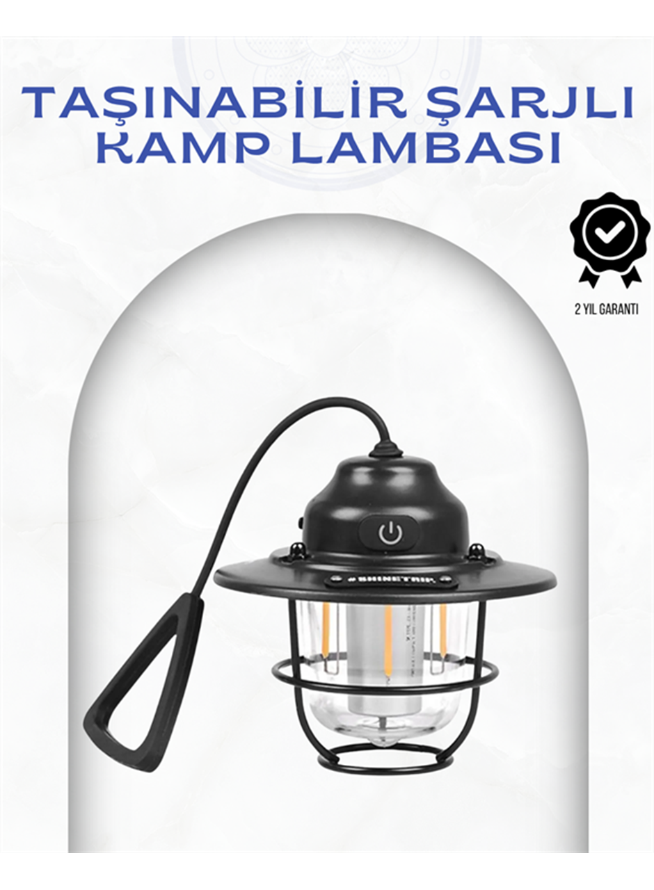 Geometrik Tasarımlı Vintage Kamp Lambası – Type-C Şarj, Ayarlanabilir Parlaklık