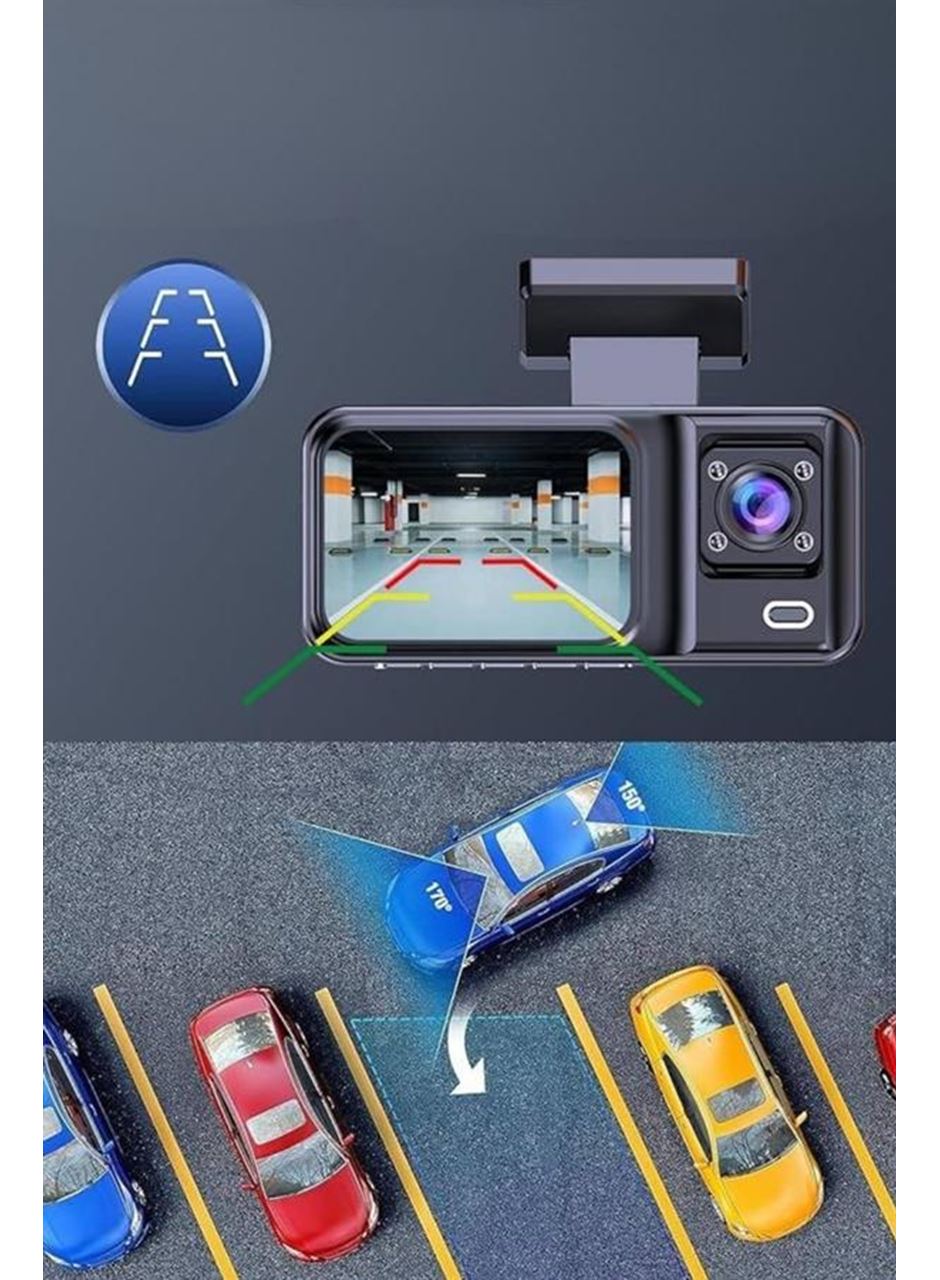 1080P 3 Lensli WİFİ Araç İçi Kameralı Ekran DVR Kaydedici Gece Görüşlü