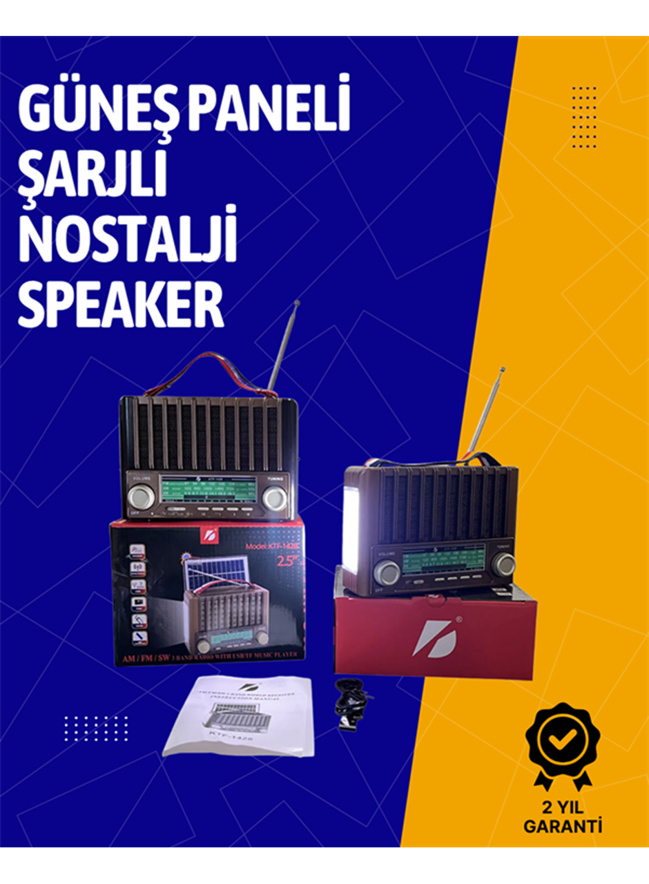 KTF-1428 Solar Enerjiyle Şarj Olabilen Bluetooth Nostalji Hoparlör – Taşınabilir, Güçlü Ses, MP3 Okuyucu