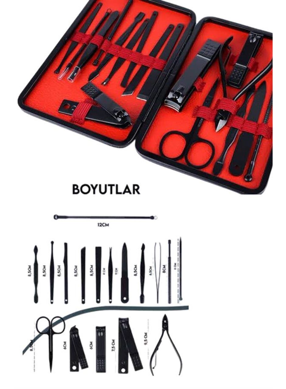 Deri Çantalı Siyah Paslanmaz Çelik 17 Parça Manikür Pedikür Seti