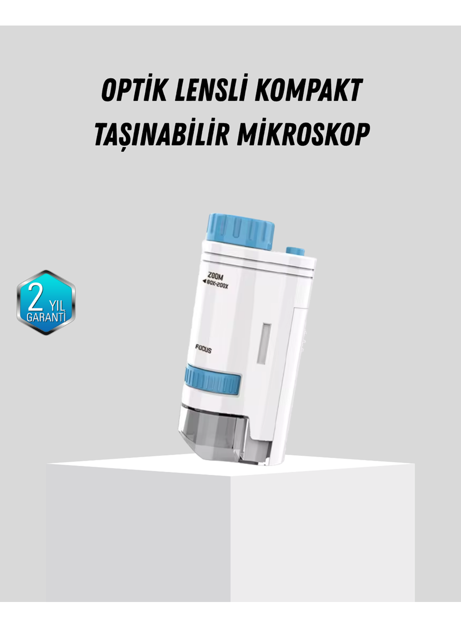 Taşınabilir Mini Mikroskop LED Işıklı 80X–200X Büyütmeli ve Odak Ayarlı