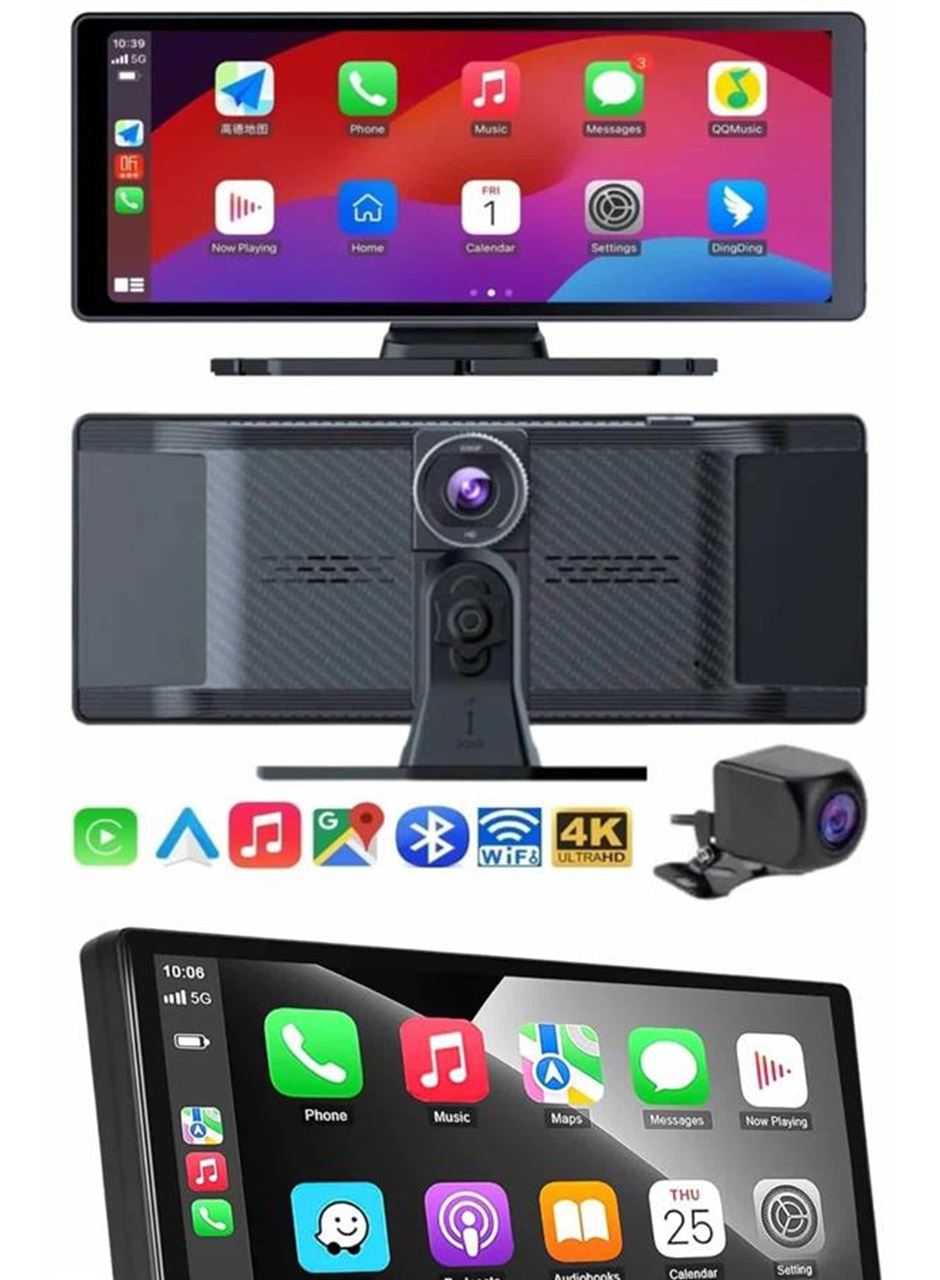 4K 10.2 İnç Çift Kameralı Araç Multimedya Ekranı CarPlay Kablosuz Tüm Cihazlara Uyumlu