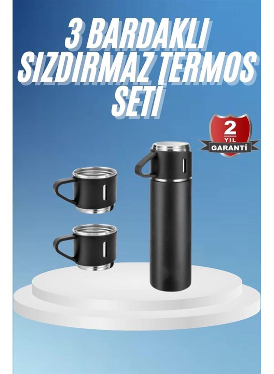 Termos Paslanmaz Çelik Termos Siyah Renk 3 Bardaklı Termos Seti