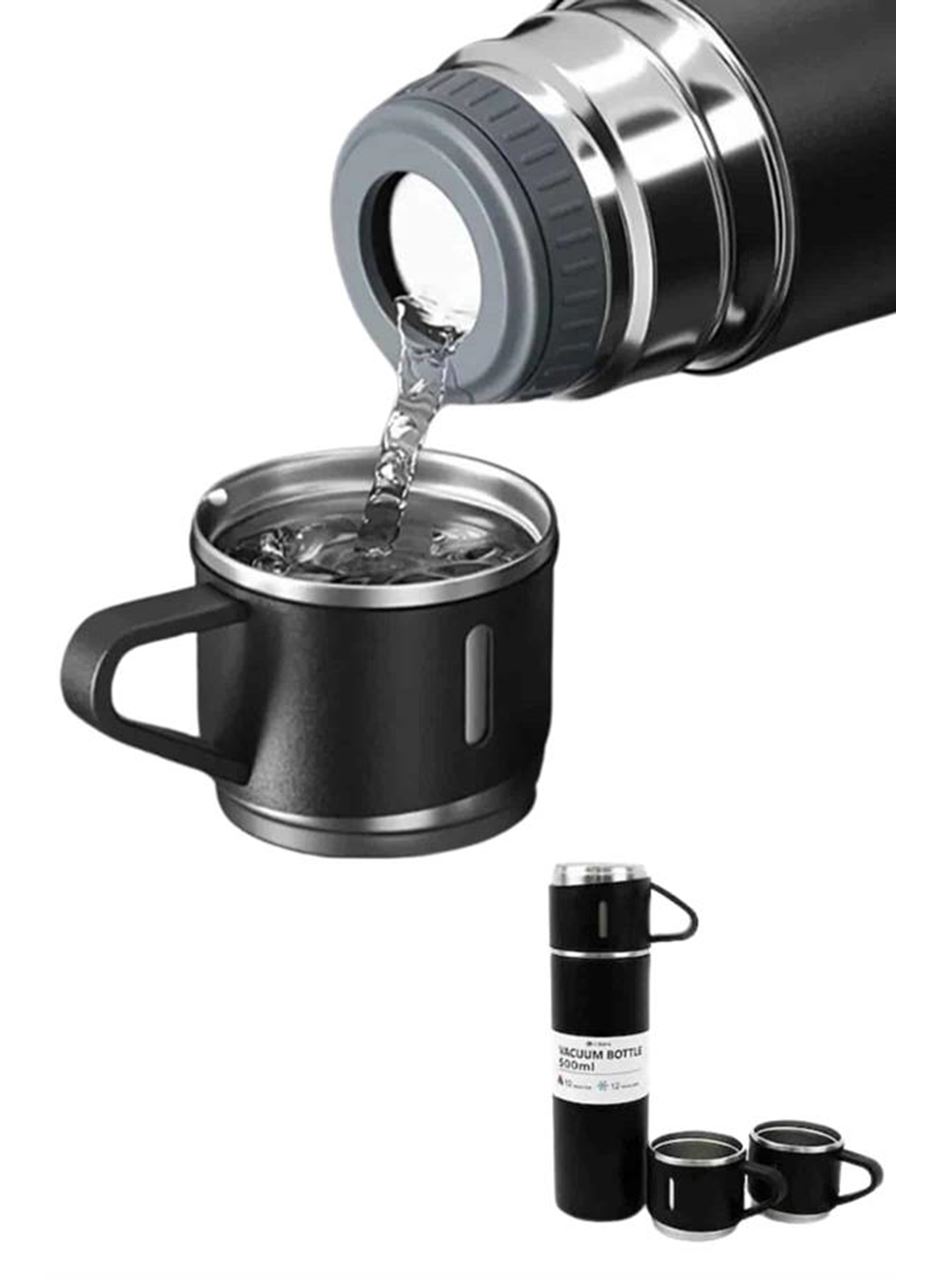 Termos Paslanmaz Çelik Termos Siyah Renk 3 Bardaklı Termos Seti