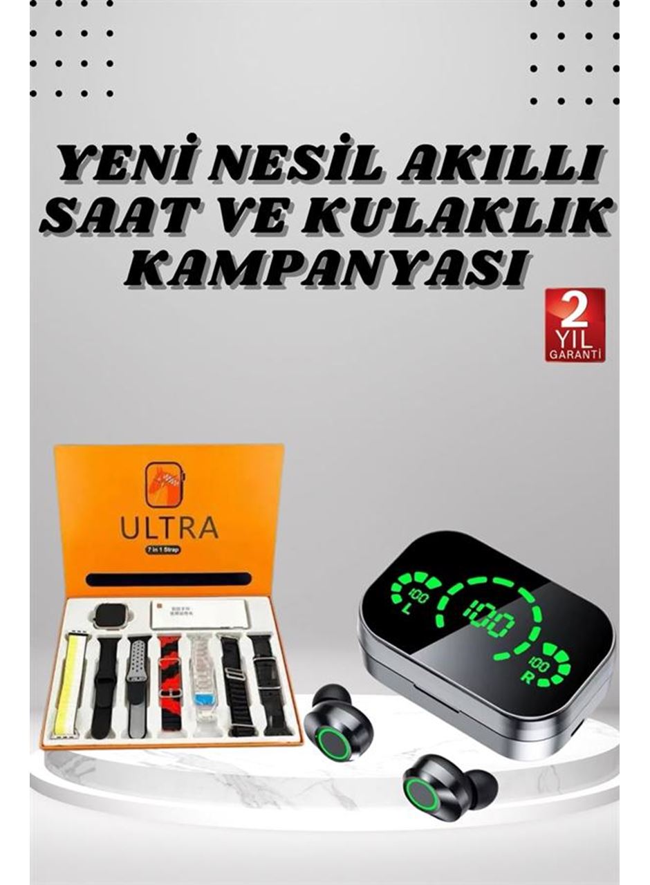 7 Kordonlu Akıllı Saat Ve Aynalı Bluetooth Kulaklık Powerbank Dijital Göstergeli