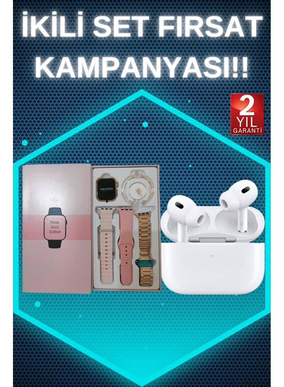 3 Kordonlu Pembe Amoled Ekran Akıllı Saat ve Yeni Nesil Pro Kablosuz Bluetooth Kulaklık ANC/ENC