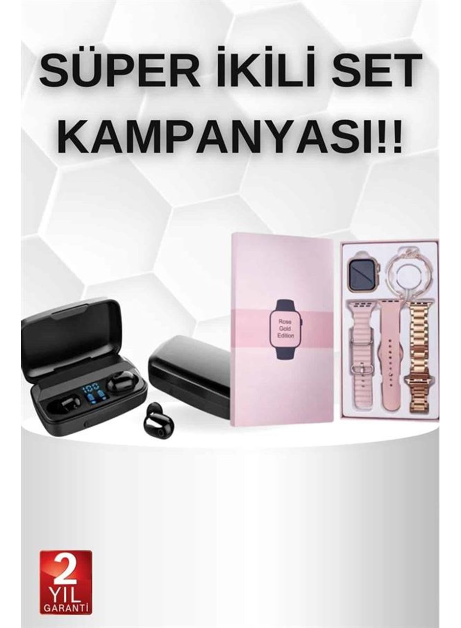 Wireless Şarjlı Pembe Akıllı Saat ve Kablosuz Bluetooth Kulaklık Dokunmatik Kontrol