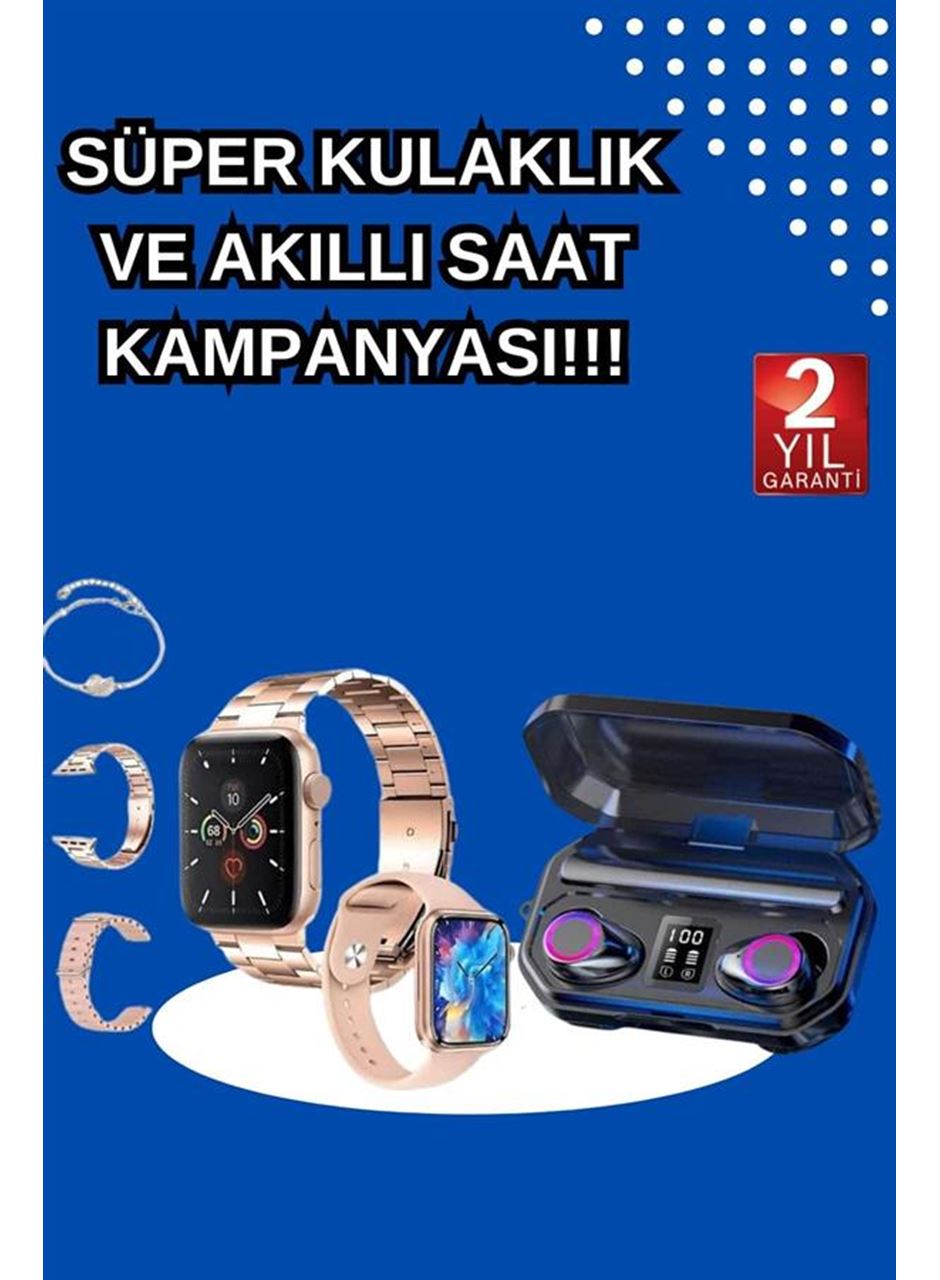 Kadınlar İçin 3 Kordonlu Akıllı Saat ve Dijital Göstergeli Powerbankli Bluetooth Kulaklık Dokunmatik Kontrol