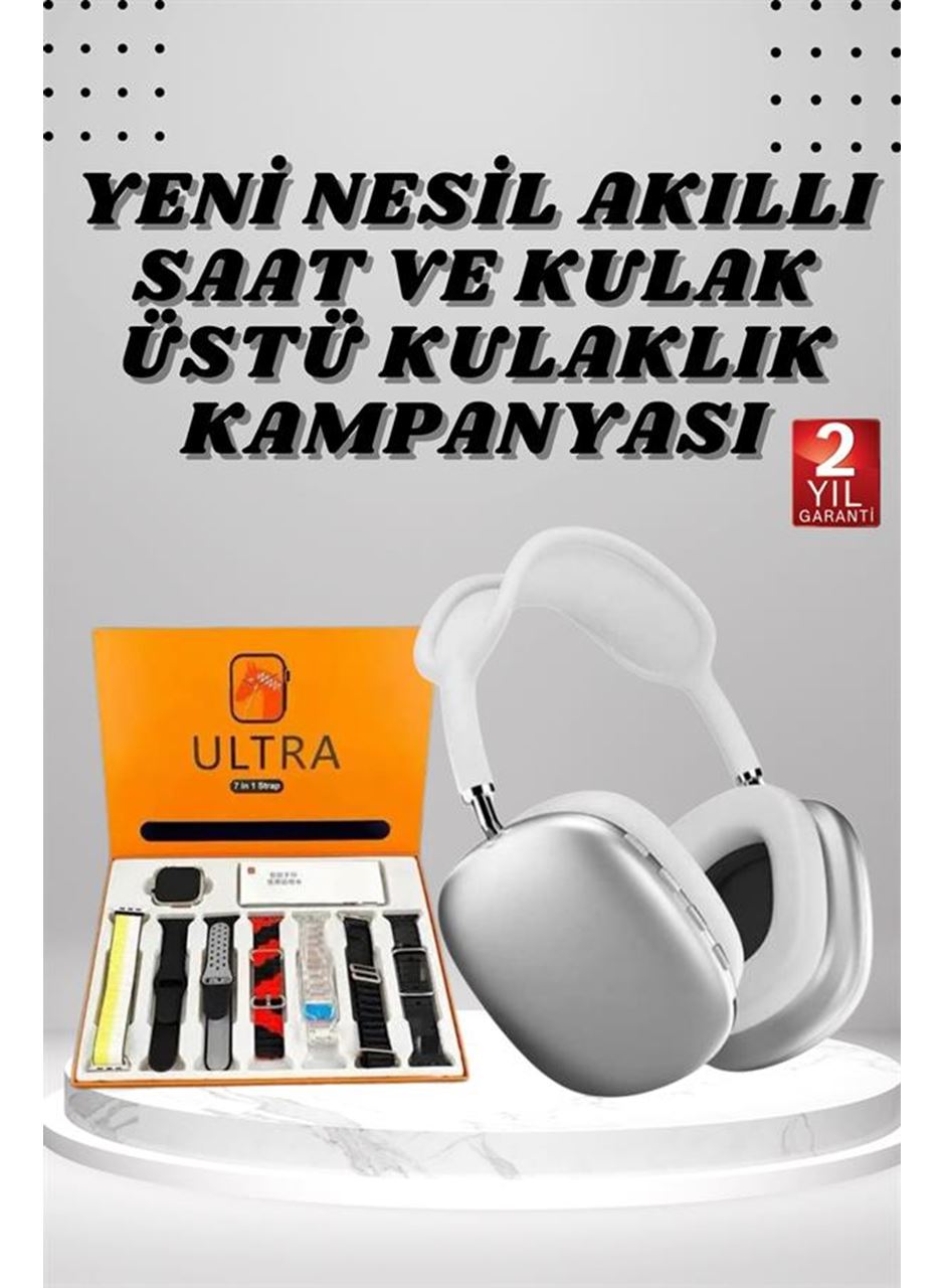 Kulak Üstü P9 Kablosuz Bluetooth Kulaklık ve 7 Kordonlu Akıllı Saat