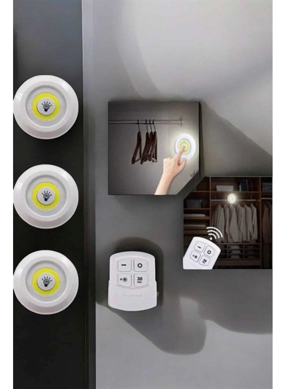 Spot Lamba Led Işık 3'lü Uzaktan Kumandalı Pilli Yapışkanlı Kablosuz