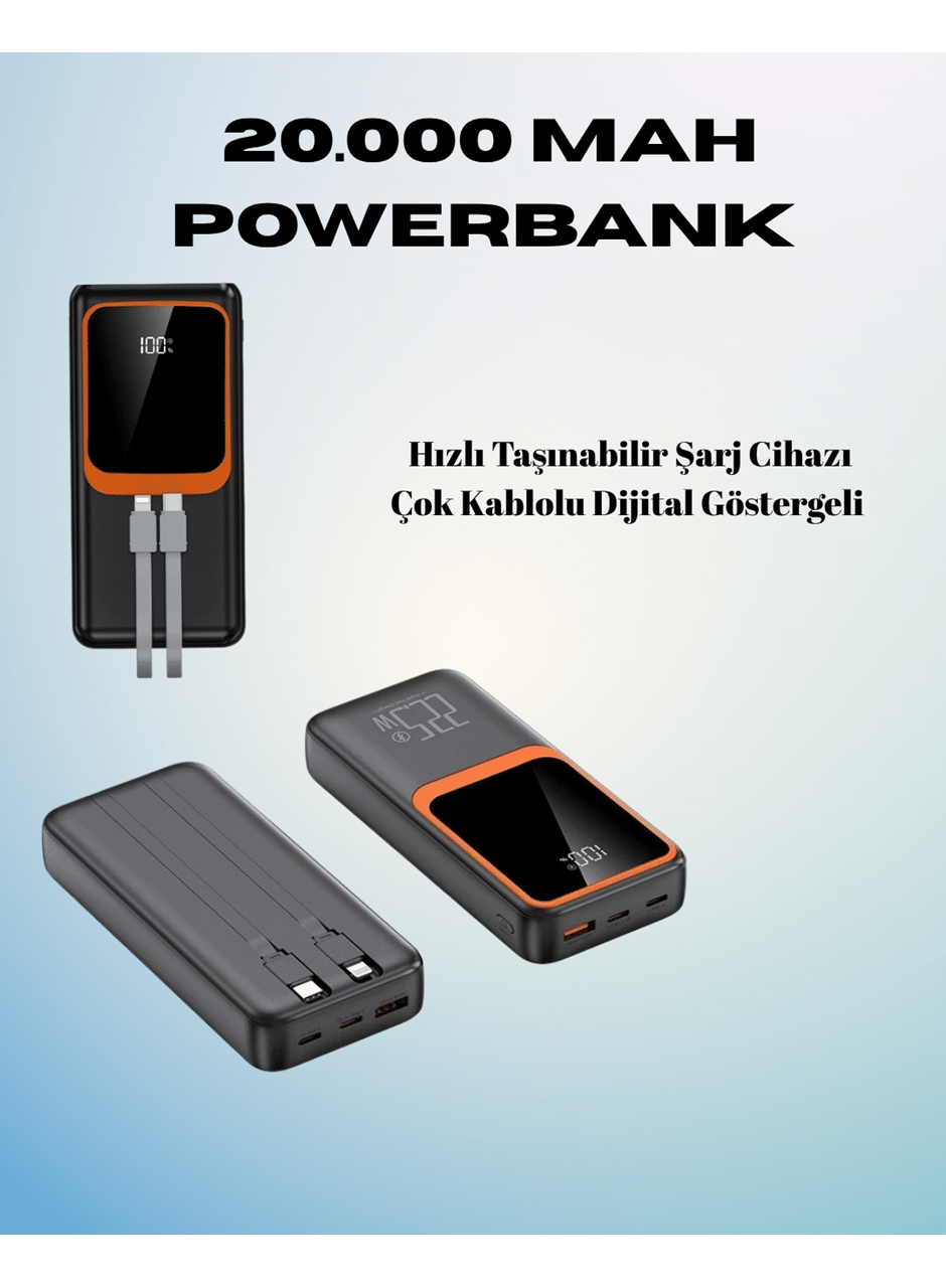 20000 mAh Powerbank | Çok Kablolu, Dijital Göstergeli, Yüksek Hızlı Şarj Cihazı