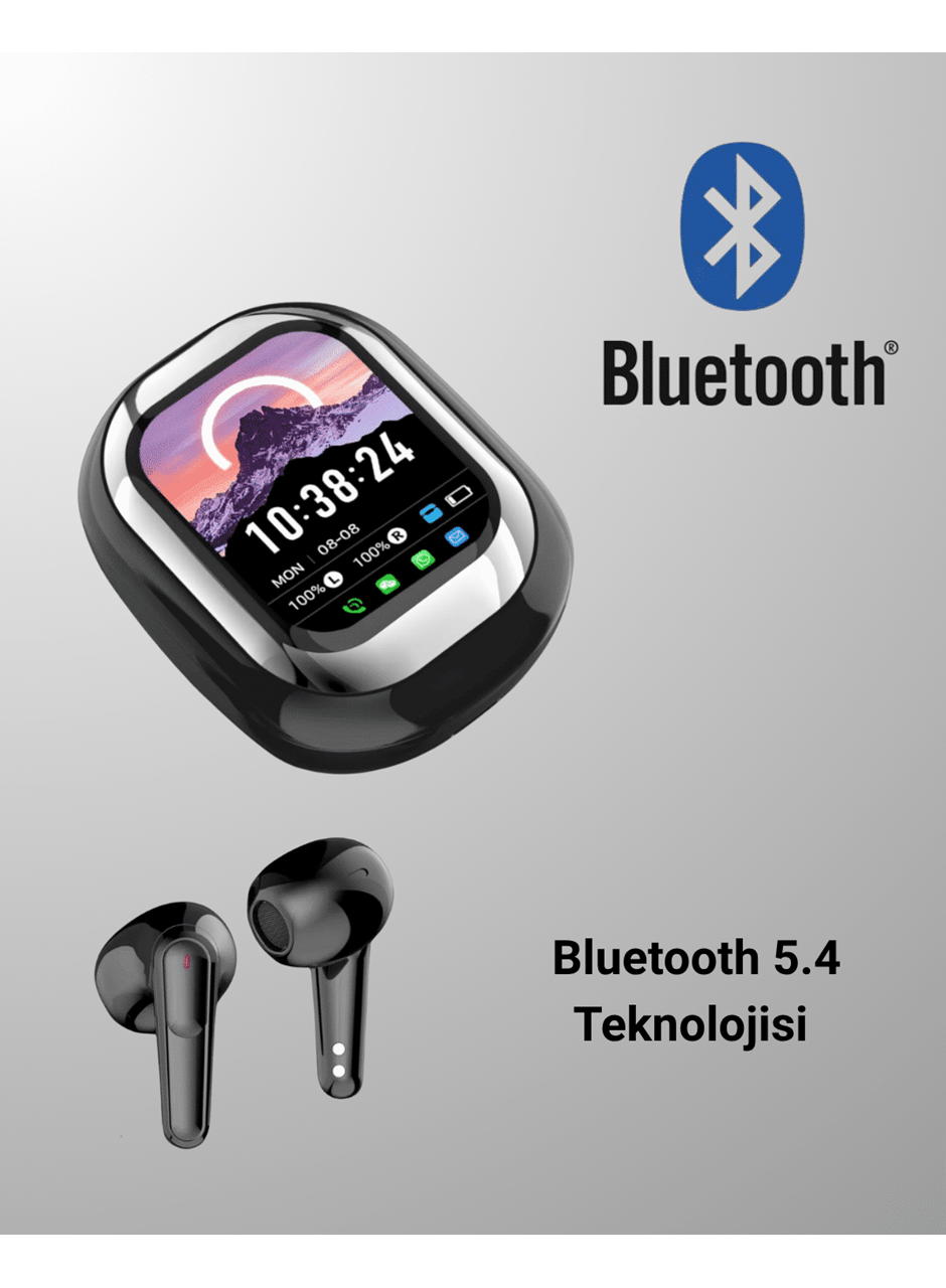 Akıllı Ekranlı Bluetooth 5.4 Kablosuz Kulaklık – Dokunmatik ve Şarj Kutulu