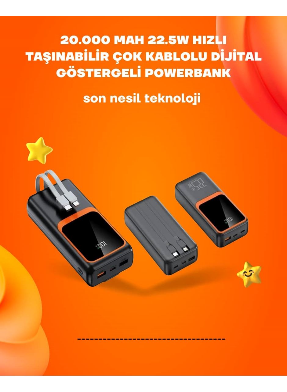 Powerbank 20000 mAh | 22.5W Hızlı Şarj, Dahili Kablolu, LCD Ekranlı Şarj Cihazı