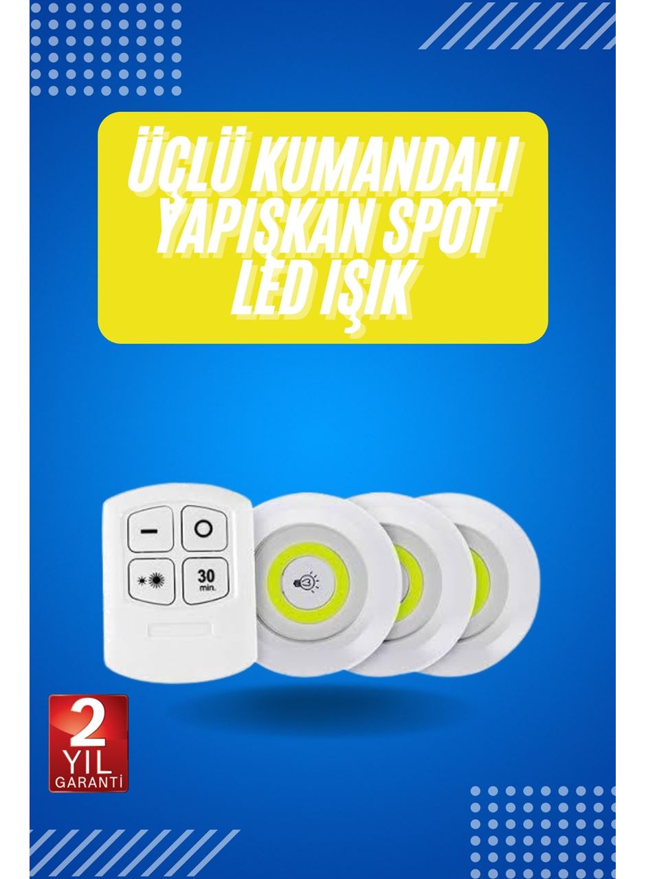 Yapışkanlı 3'lü Spot Led Işık Lamba Montajsız Pilli Uzaktan Kumandalı