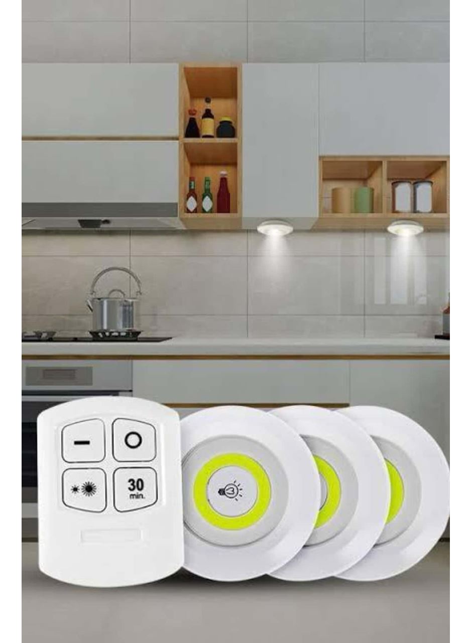 Yapışkanlı 3'lü Spot Led Işık Lamba Montajsız Pilli Uzaktan Kumandalı