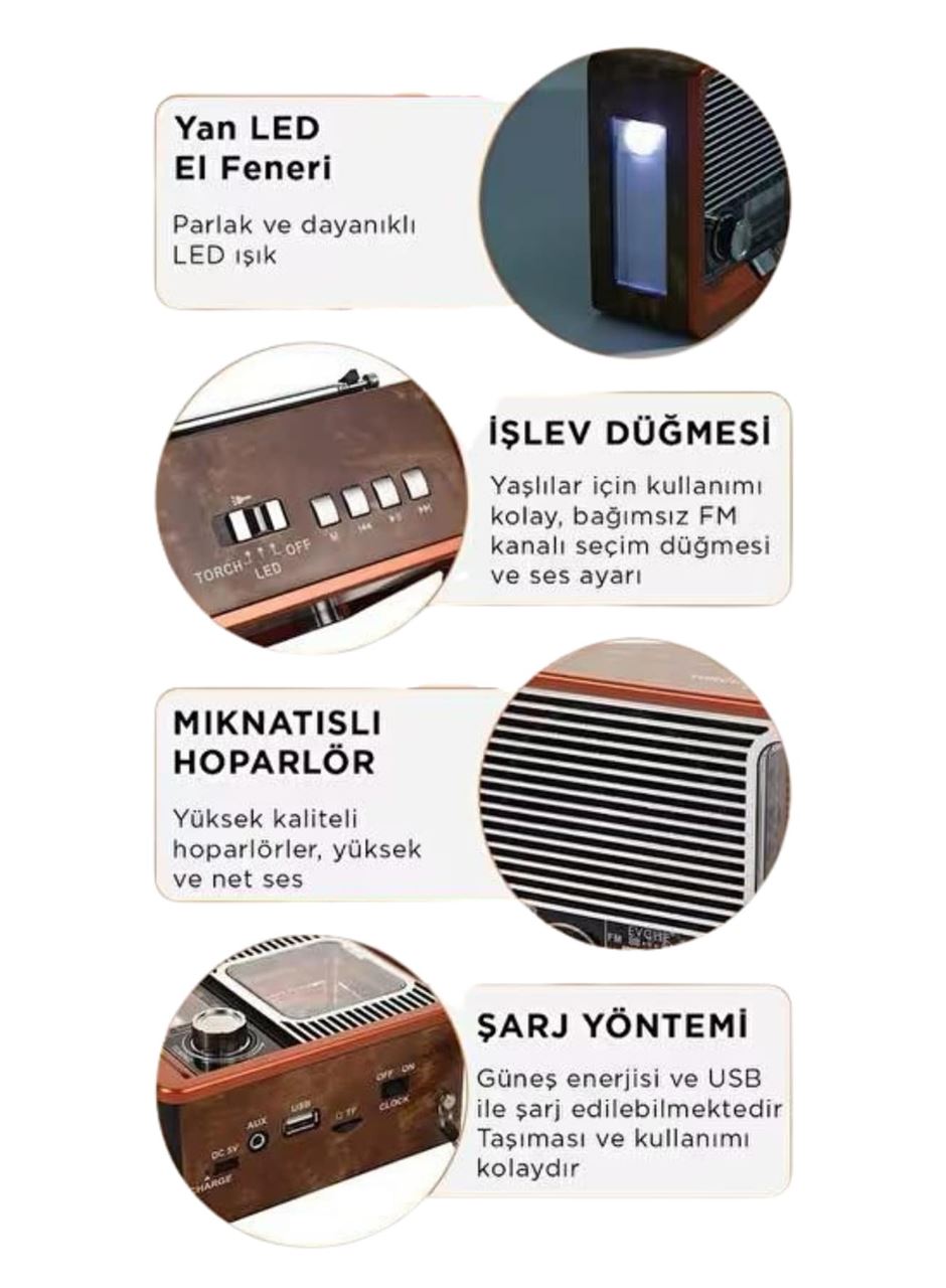 Vintage Nostaljik Radyo AUX USB SD Kart Girişli Şarjlı Bluetooth Bağlantılı