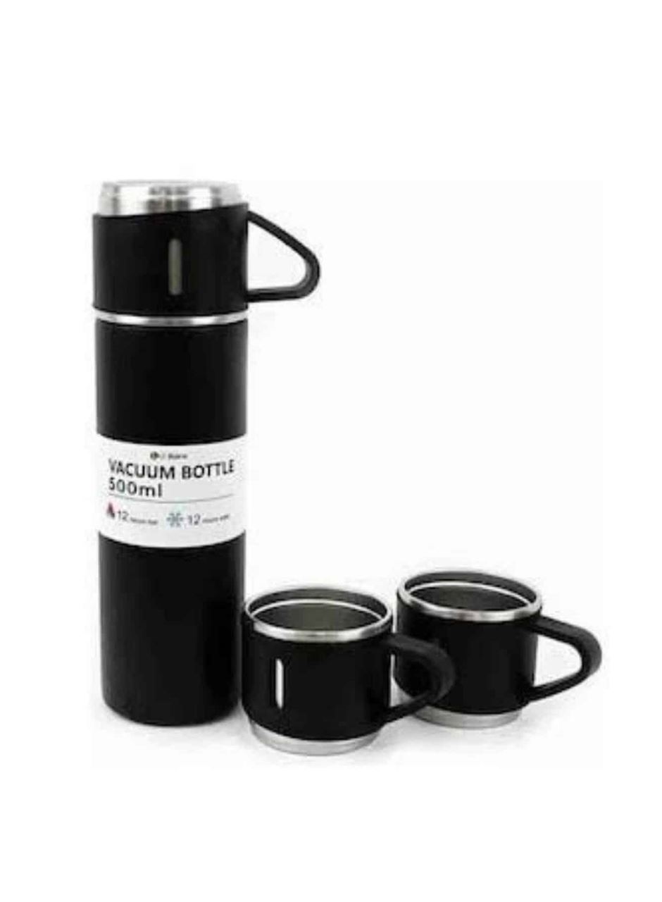 Termos Paslanmaz Çelik Termos Siyah Renk 3 Bardaklı Termos Seti