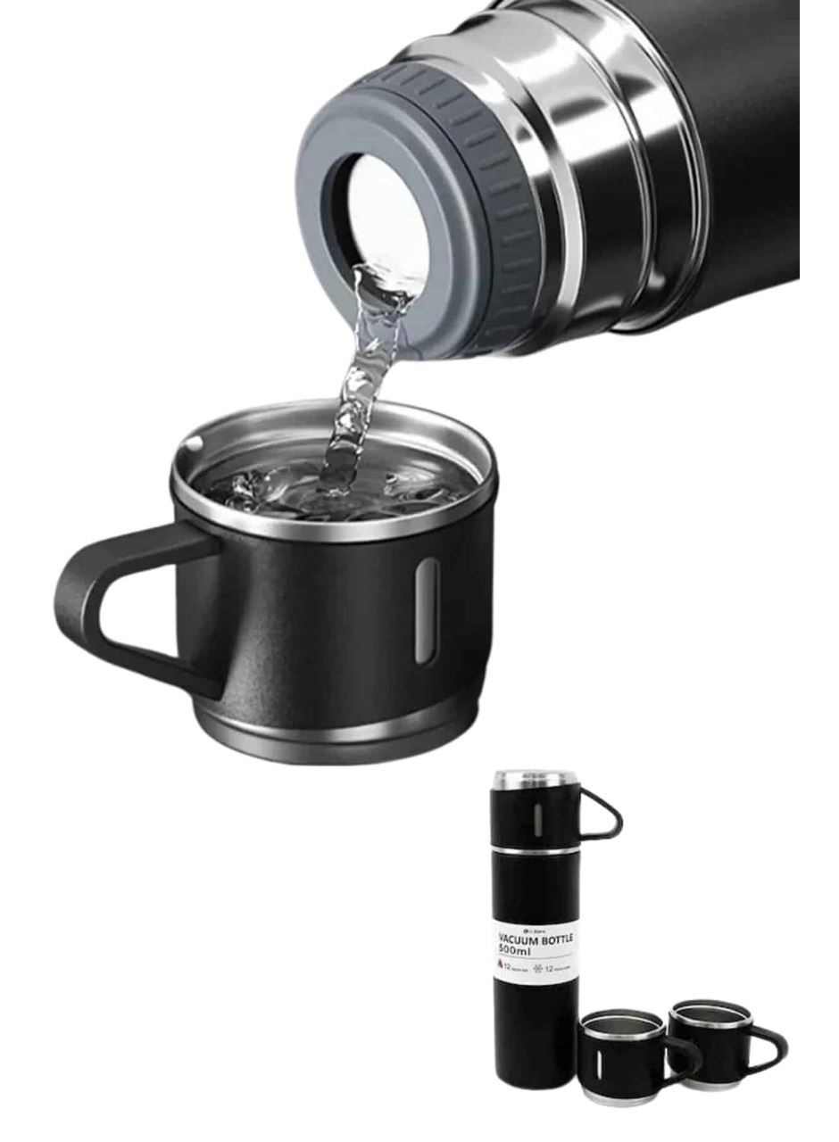 Termos Paslanmaz Çelik Termos Siyah Renk 3 Bardaklı Termos Seti