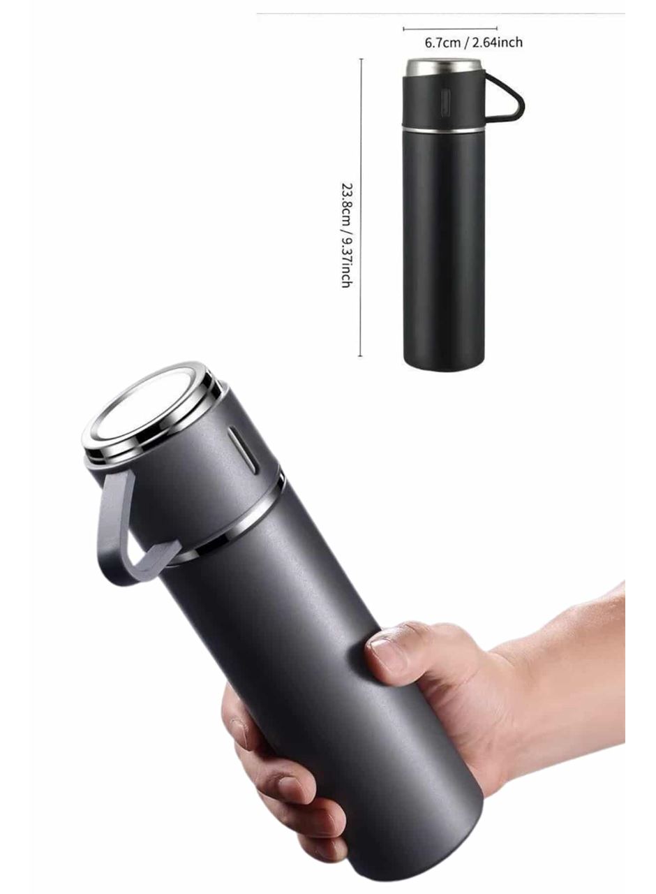 Termos Paslanmaz Çelik Termos Siyah Renk 3 Bardaklı Termos Seti