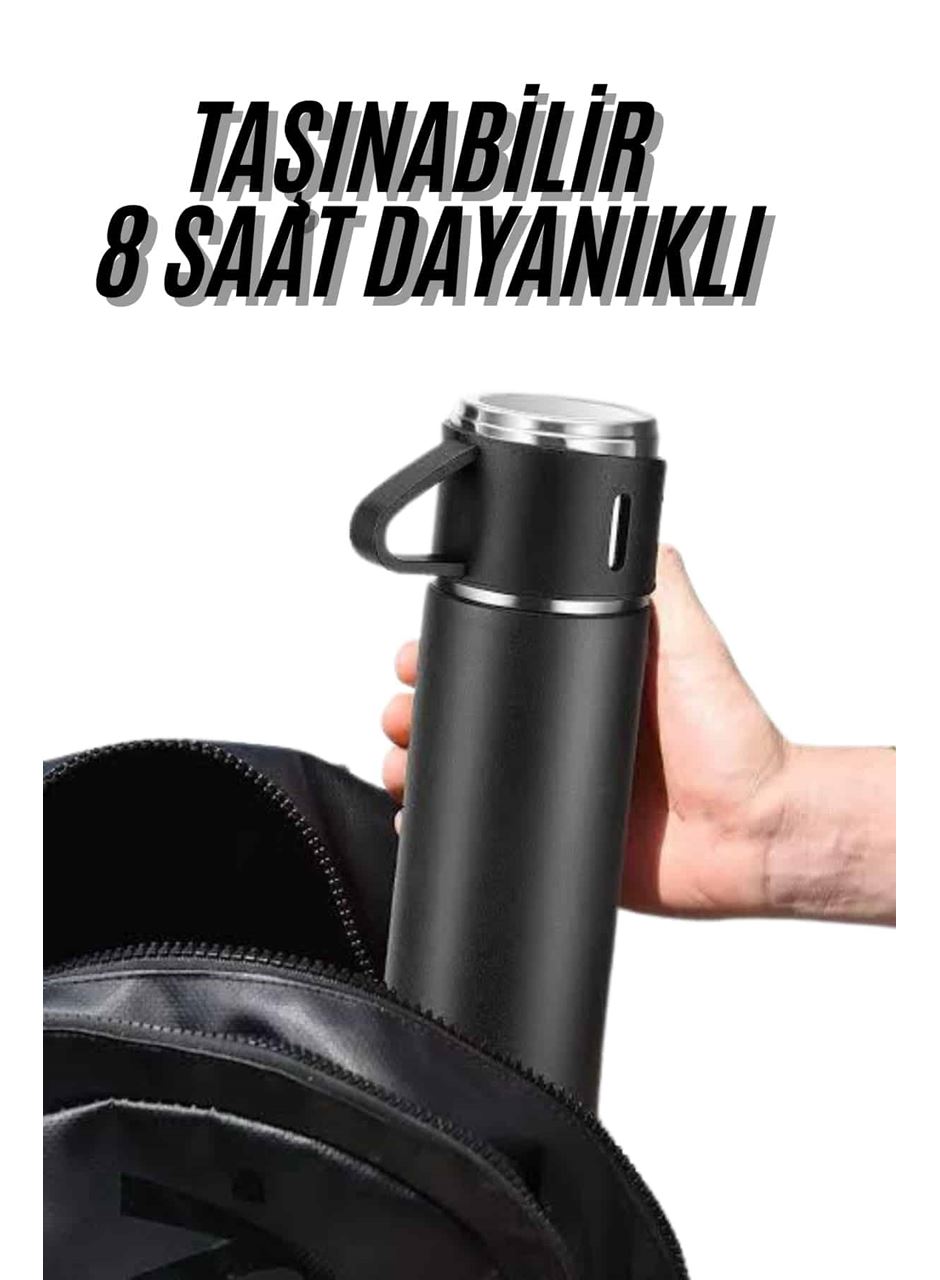 Termos Seti 3'lü Bardak Seti Isı Dayanıklı Siyah Paslanmaz Çelik Vakumlu