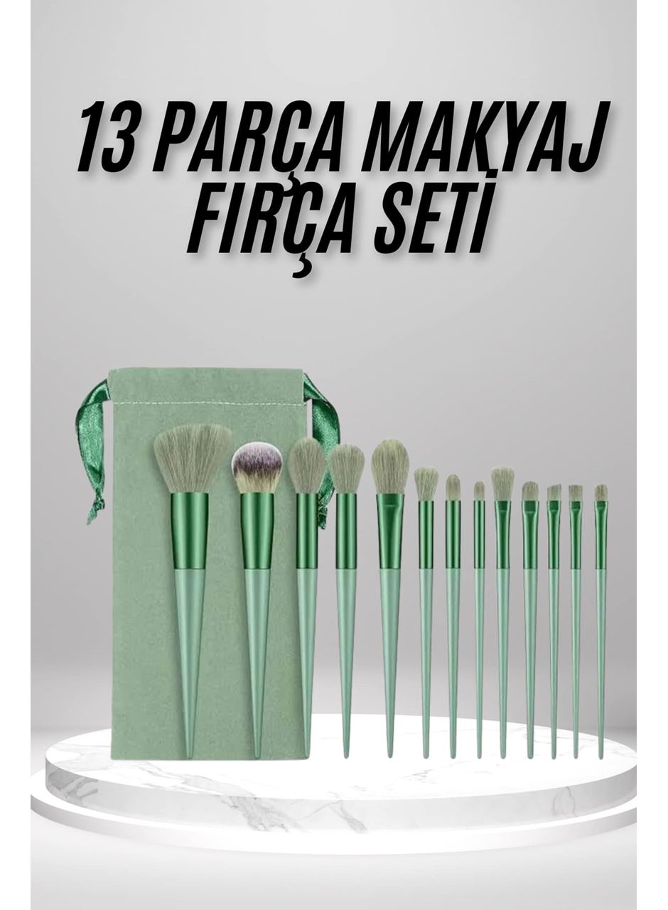 Makyaj Fırça Seti Yeşil 13 Parça Fondöten Fırçası Allık Fırçası Far Fırçası