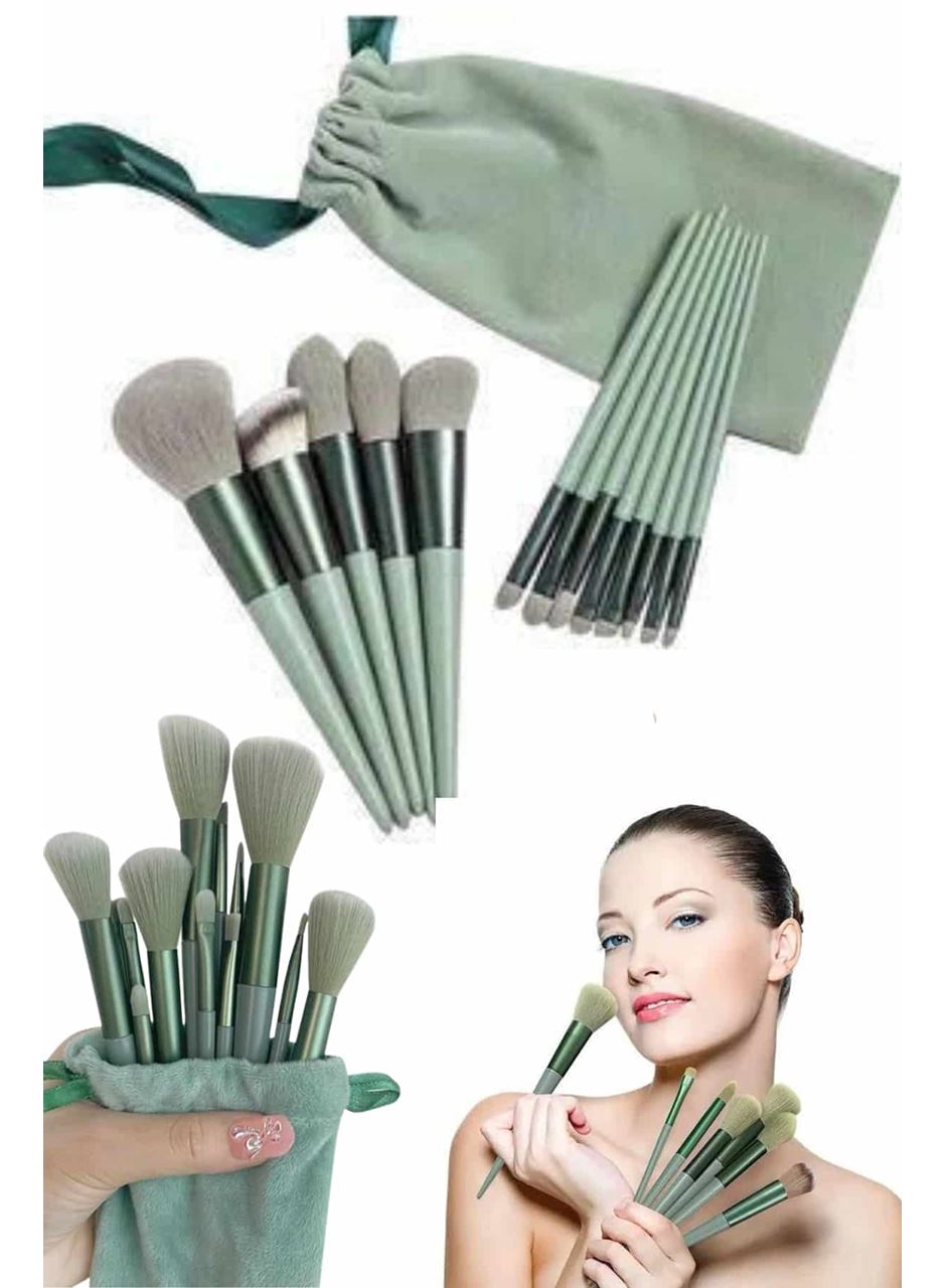 Makyaj Fırça Seti Yeşil 13 Parça Fondöten Fırçası Allık Fırçası Far Fırçası