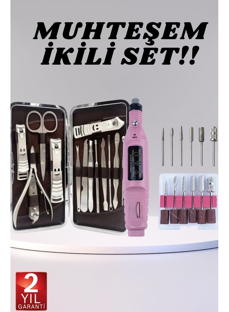 Elektrikli Manikür Pedikür Seti İkili Set 12 Parça Tırnak Bakımı Törpü Protez Çıkarma