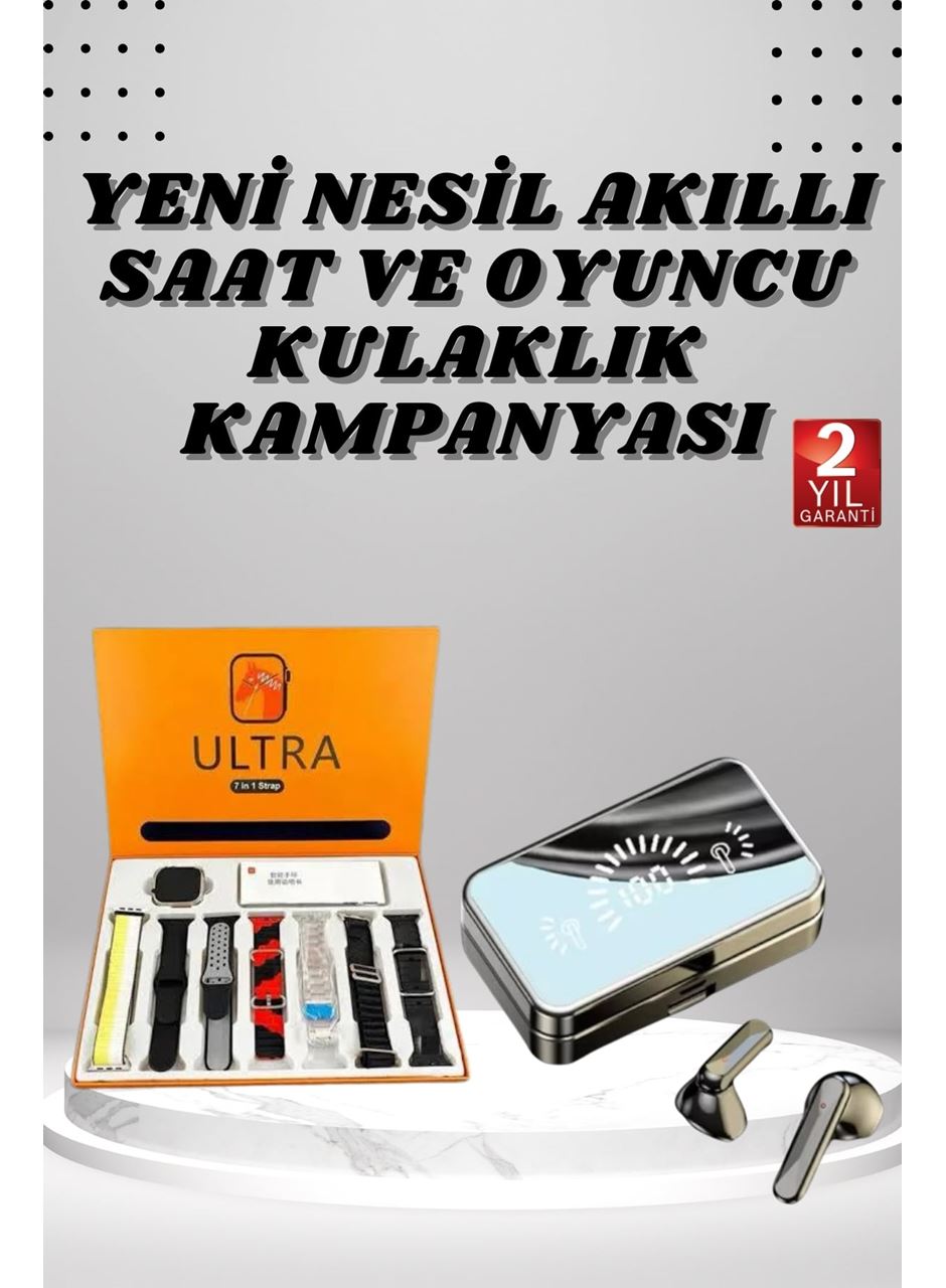 Aynalı Bluetooth Kulaklık ve 7 Kordonlu Akıllı Saat Dijital Göstergeli Uzun Pil Ömrü