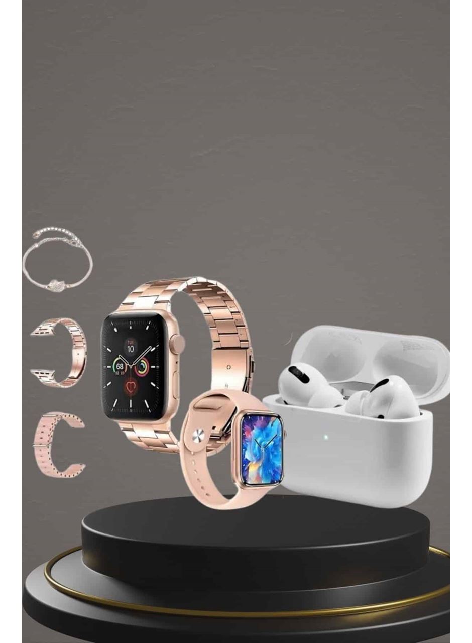 3 Kordonlu Pembe Amoled Ekran Akıllı Saat ve Yeni Nesil Pro Kablosuz Bluetooth Kulaklık ANC/ENC