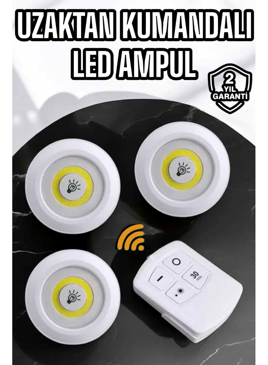 Spot Lamba Led Işık 3'lü Uzaktan Kumandalı Pilli Yapışkanlı Kablosuz