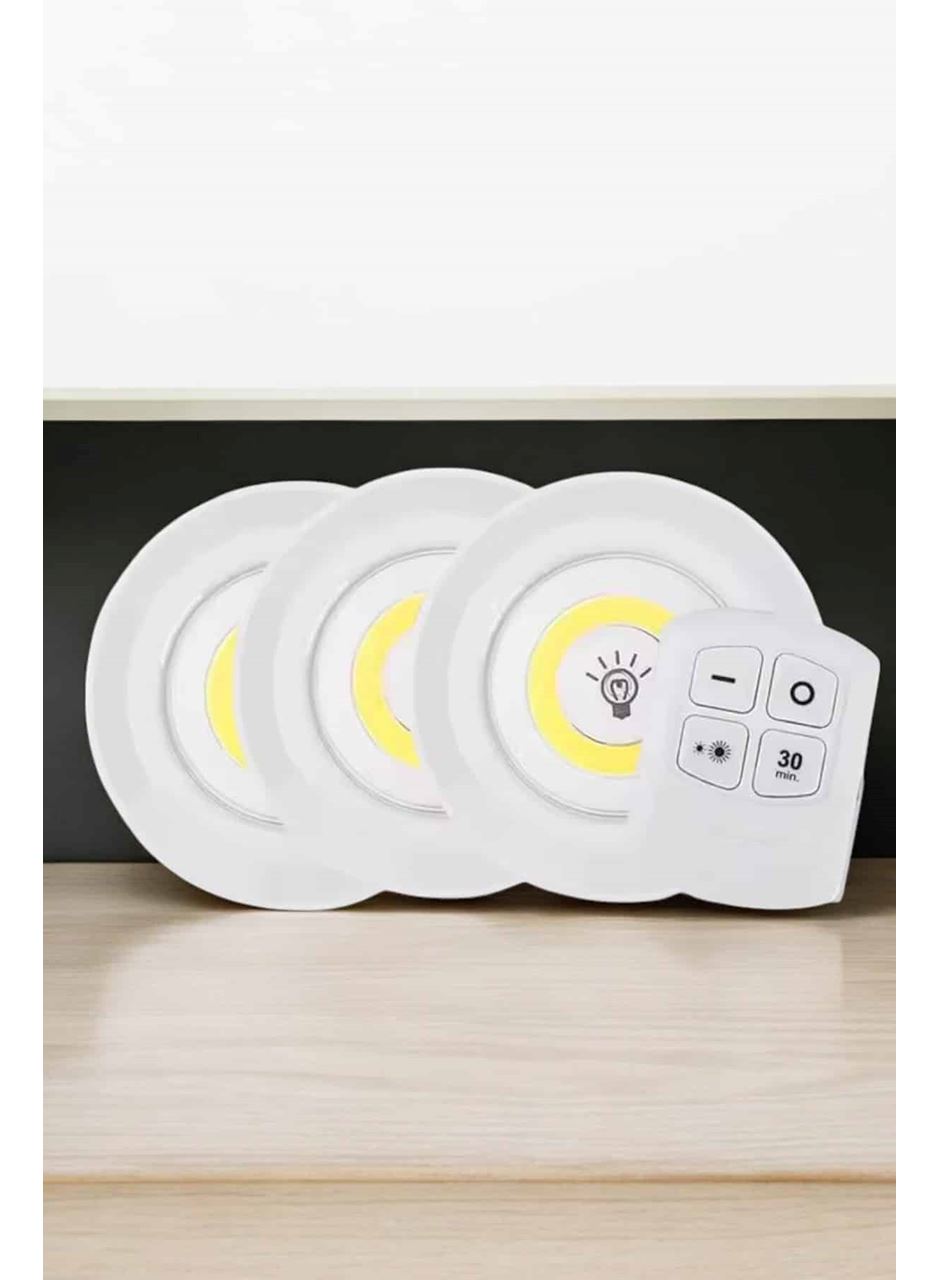 Spot Lamba Led Işık 3'lü Uzaktan Kumandalı Pilli Yapışkanlı Kablosuz