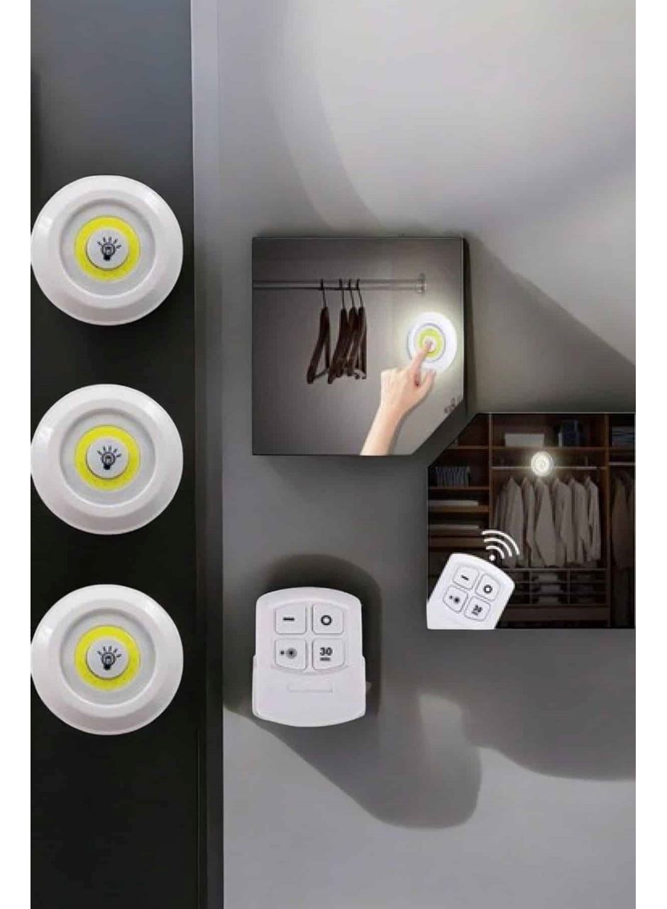 Spot Lamba Led Işık 3'lü Uzaktan Kumandalı Pilli Yapışkanlı Kablosuz