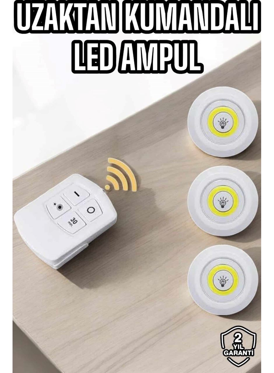 Led Lamba 3'lü Uzaktan Kumandalı Yapışkanlı Beyaz Işık
