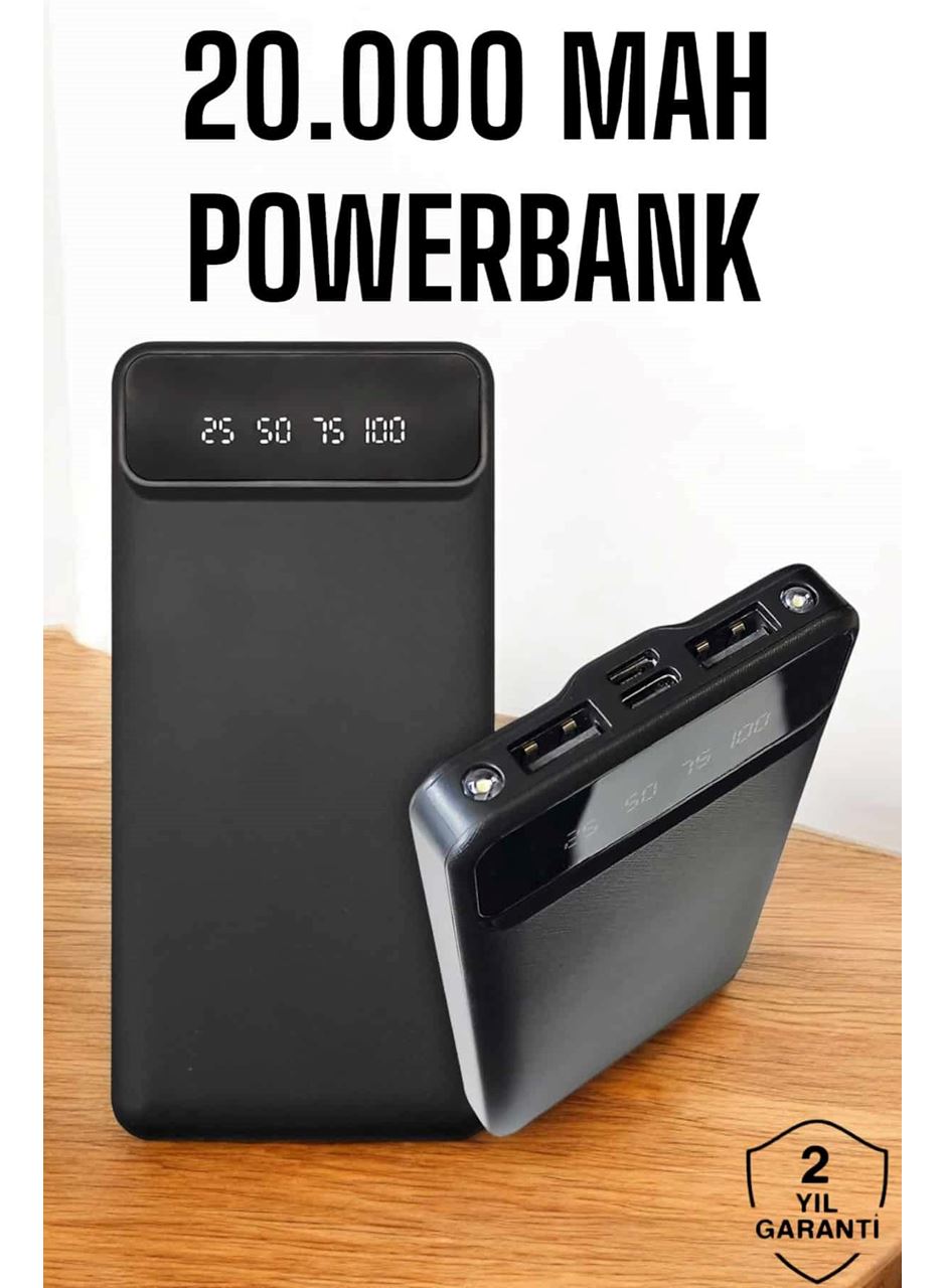 20.000 Mah Led Işıklı LCD Ekran USB Girişli Type-C Lightning Powerbank