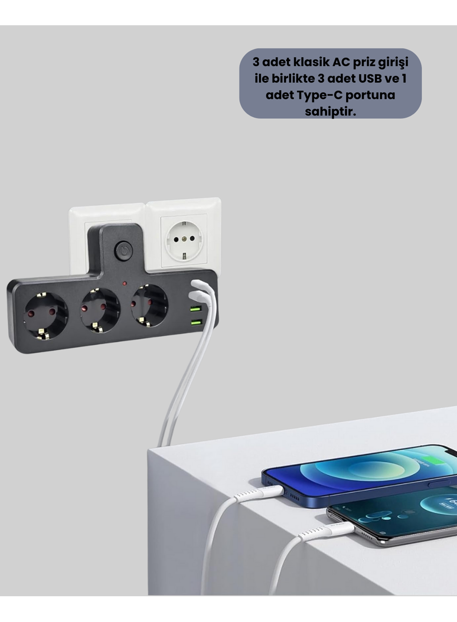 Anahtarlı Çoklu Priz 3 USB 1 Type-C Hızlı Şarj Destekli