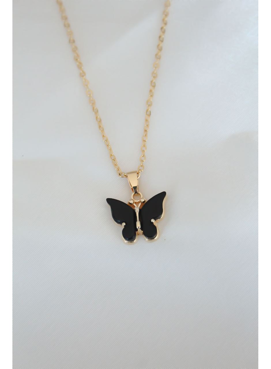 Gold Kaplama Siyah Renkli Sedefli Kelebek Kolye