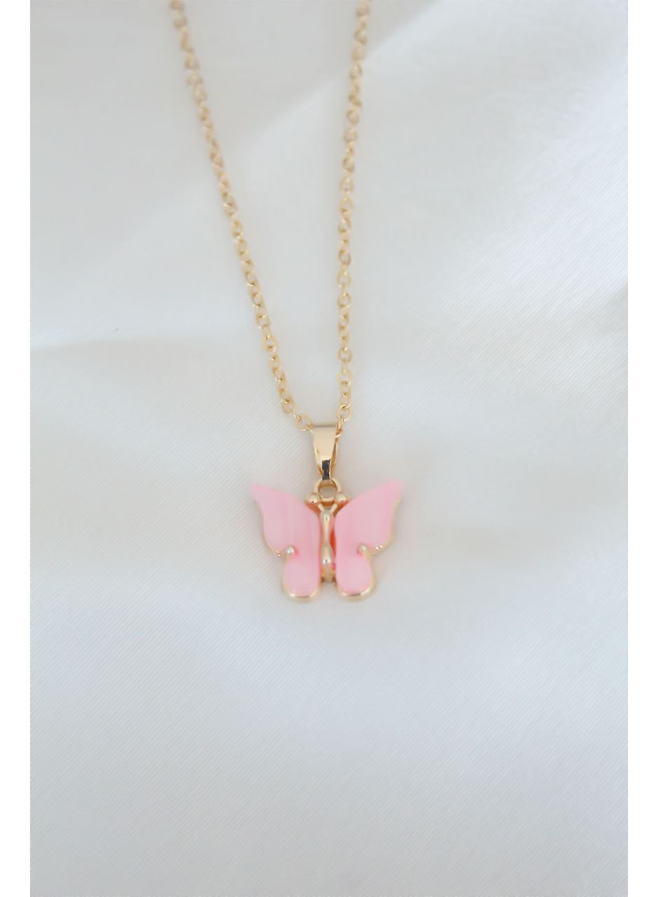 Gold Kaplama Pembe Sedefli Kelebek Kolye