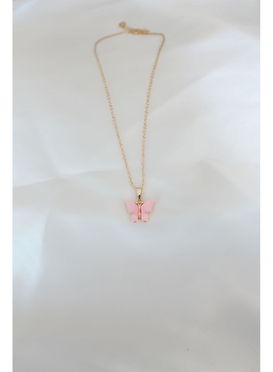 Gold Kaplama Pembe Sedefli Kelebek Kolye