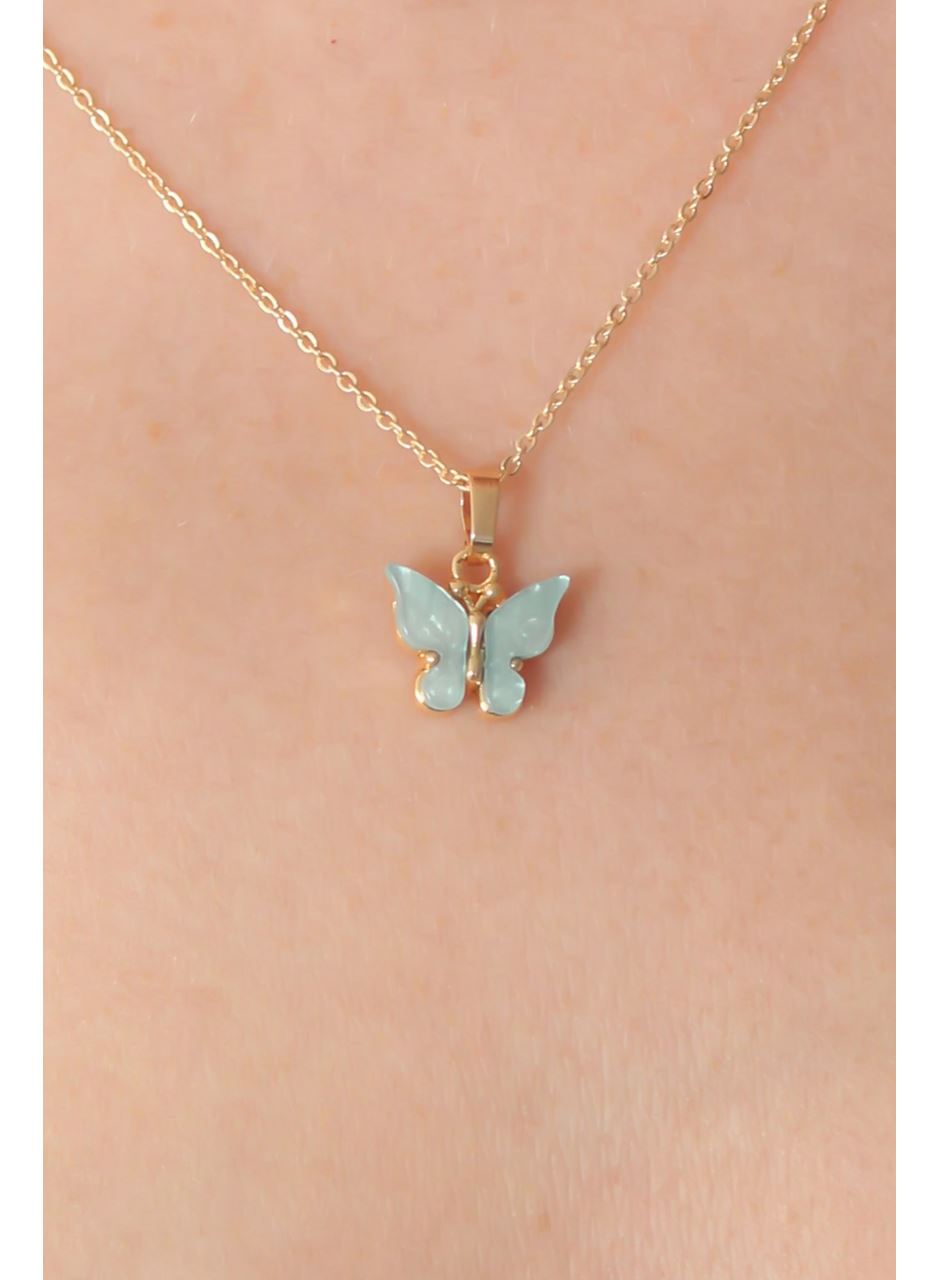 Gold Renk Su Yeşili Kelebek Figür Kadın Kolye