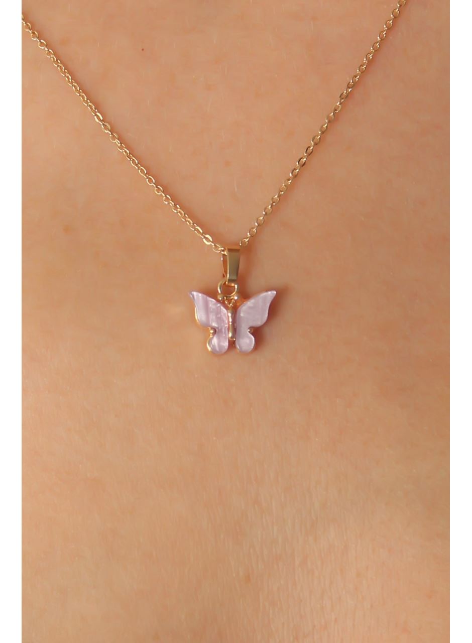 Gold Lila Renk Kelebek Figür Kadın Kolye