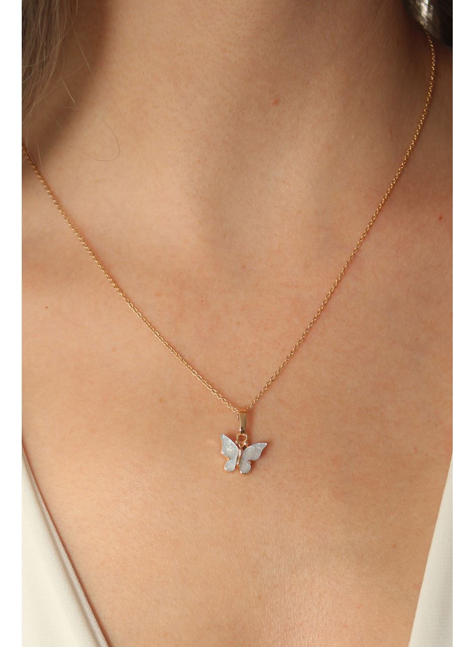 Gold Mavi Renk Kelebek Figür Kadın Kolye
