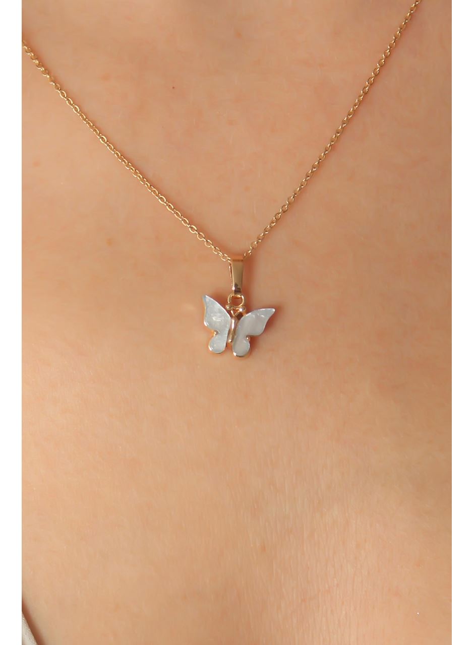Gold Mavi Renk Kelebek Figür Kadın Kolye