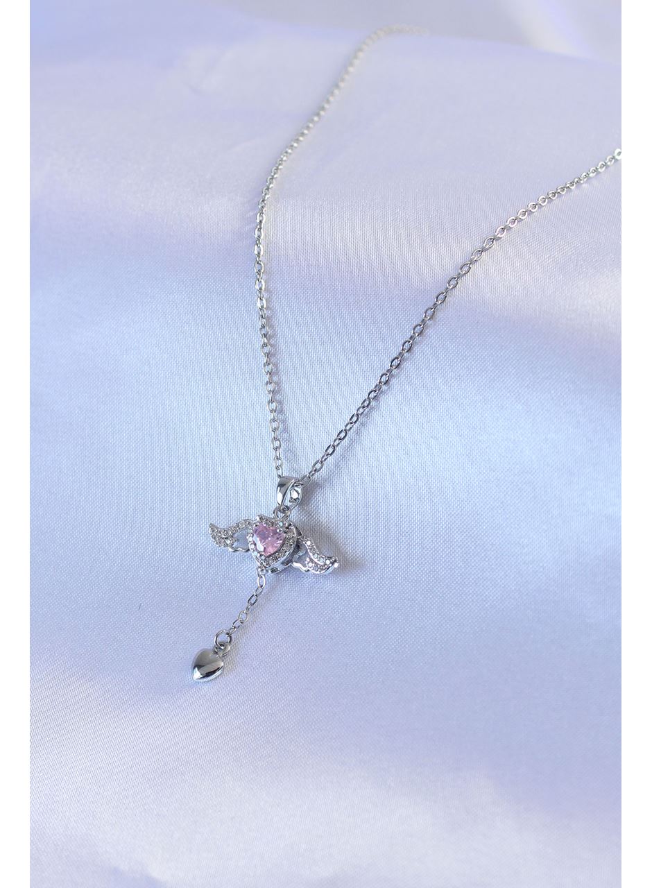 316L Çelik Gümüş Renk Kanatlı Kalp Figür Zirkon Taş Detay Kadın Kolye