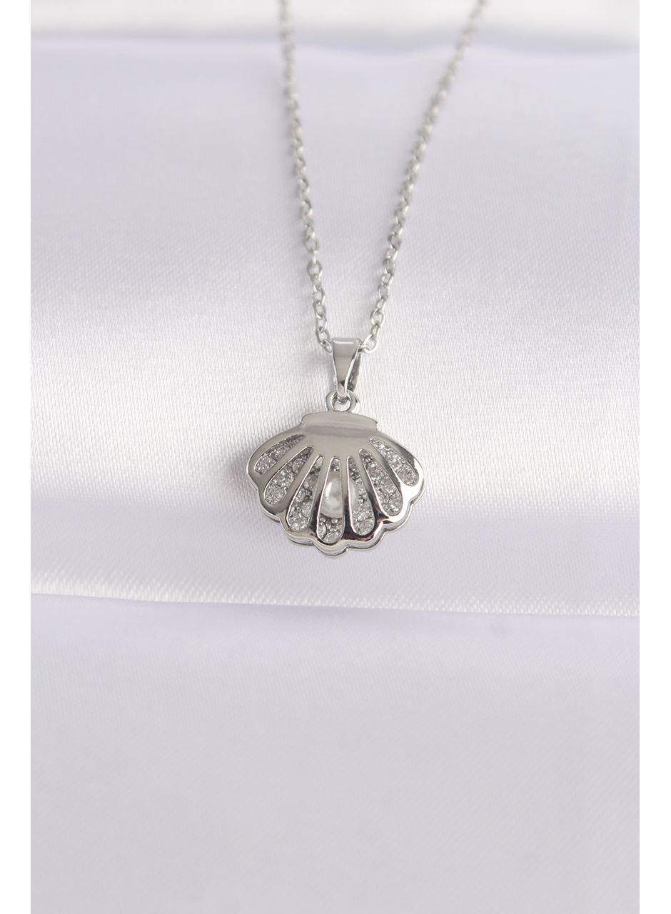 316L Çelik Zincir Gümüş Renk Zirkon Taşlı İnci Detay İstiridye Kolye